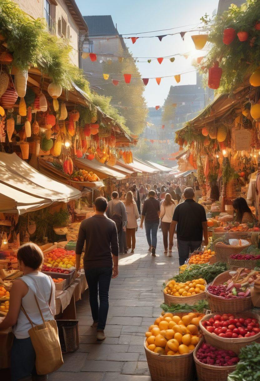 A vibrant, bustling marketplace brimming with colorful stalls filled with various products, shoppers smiling and exploring with shopping bags in hand, illuminated by warm sunlight. In the foreground, a dynamic sign showcasing ‘Unbeatable Discounts’ amidst joyful interactions, evoking a sense of satisfaction and excitement. super-realistic. vibrant colors. 3D.