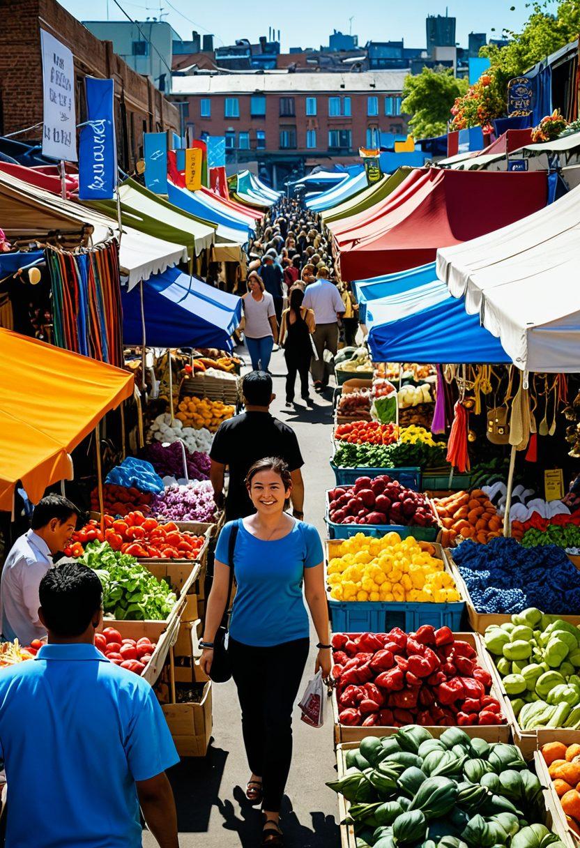 A lively scene of diverse happy customers exploring a colorful wholesale market, rich with vibrant displays of products like clothing, electronics, and fresh produce. Include people happily interacting with vendors and examining products, radiating joy and excitement. The background features a bright blue sky and cheerful market stalls filled with an array of goods. super-realistic. vibrant colors.