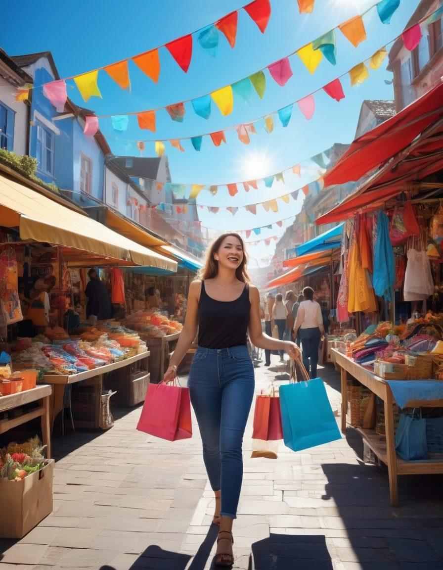 A joyful shopper exploring a vibrant marketplace filled with colorful signs displaying unmatched discounts. The scene features someone joyfully holding various shopping bags filled with treasures, with confetti in the air to symbolize celebration. In the background, stalls overflowing with unique items and a bright blue sky, creating a lively atmosphere. super-realistic. vibrant colors. 3D.